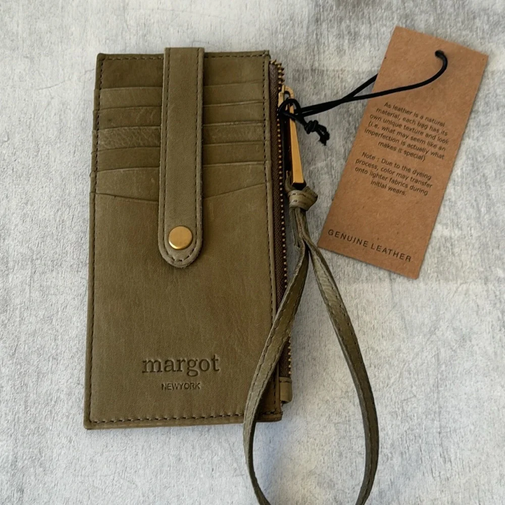 Margot Olive Green -grey slim leather Card case wallet wristlet